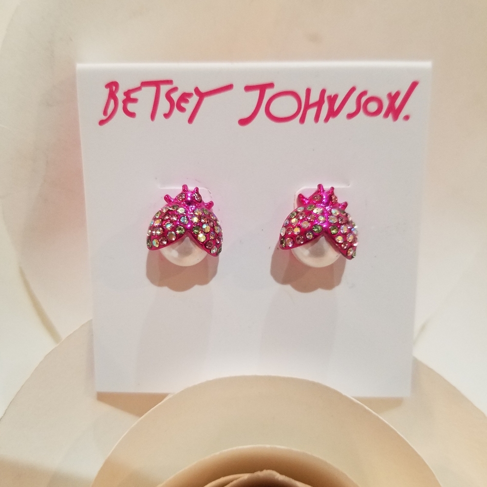 NEW Betsey Johnson Pearl Stud Ladybug Earrings